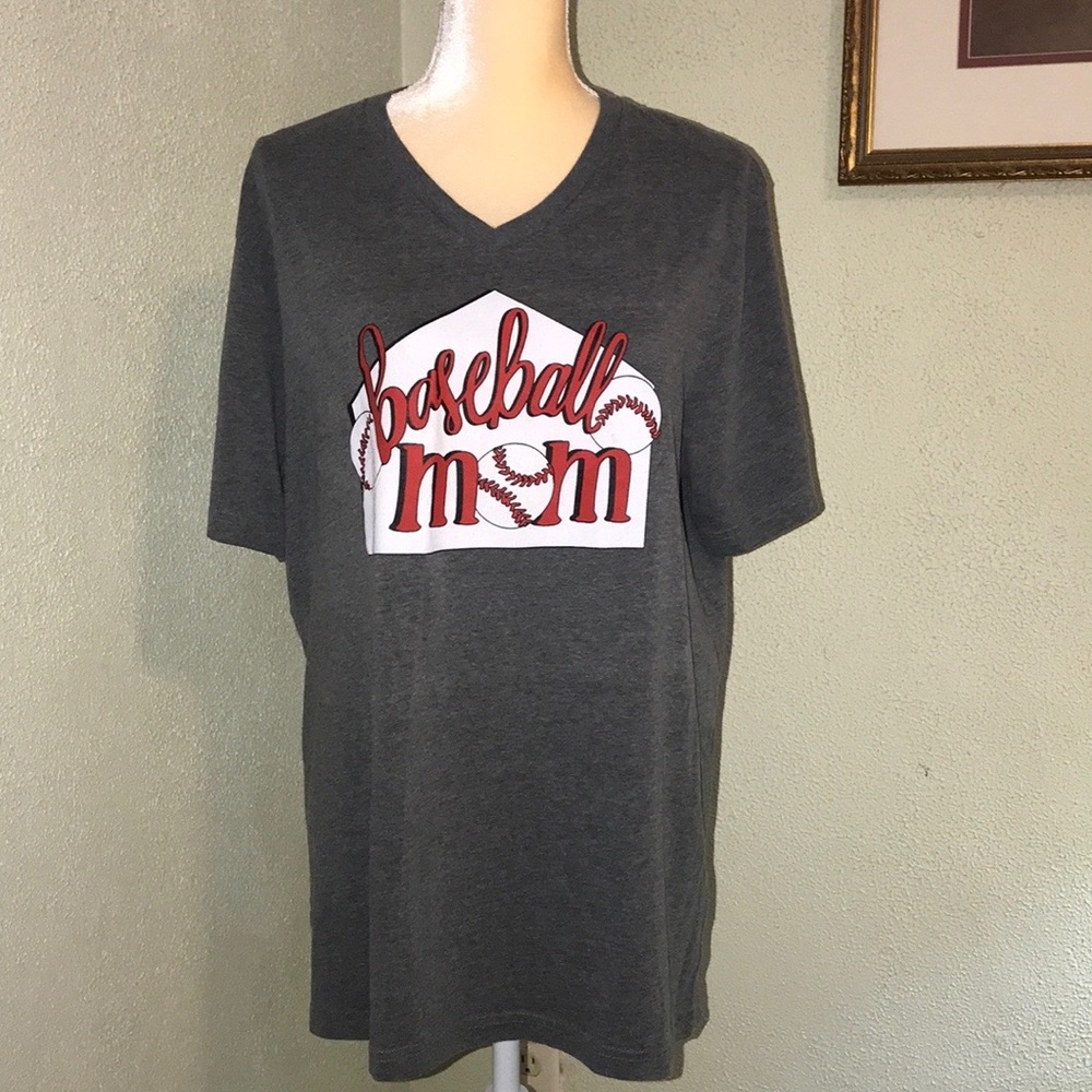 Gray Baseball Mom V-Neck T-Shirt Size XL
